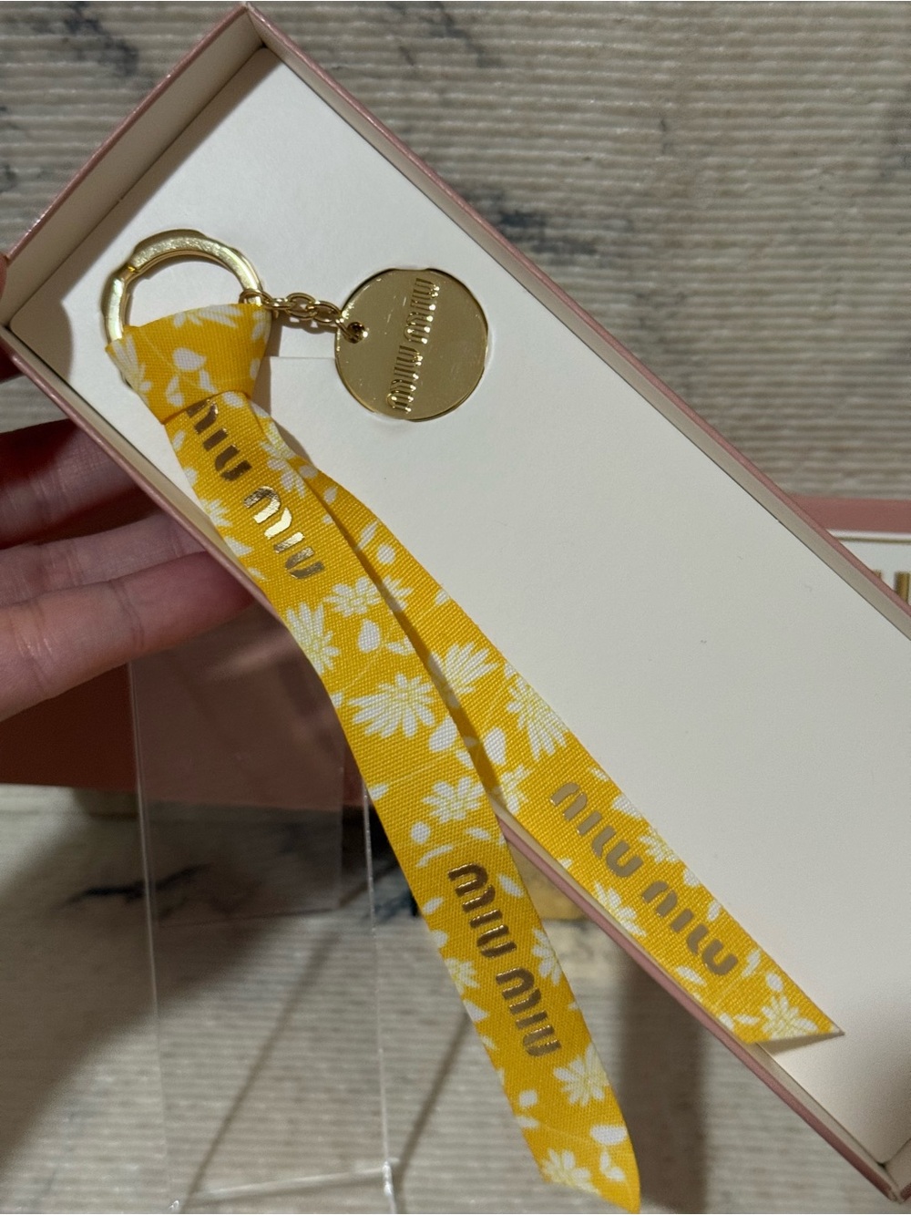 Miu Miu Beauty Yellow with Daisy Flower Design Ribbon Keychain with Gold Charm - Picture 3 of 7